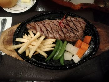 High angle view of pasta in plate on table