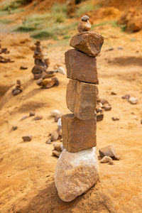 Close-up of stone stack on rock