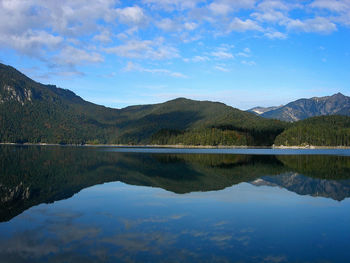 Scenic view of lake and mountains against sky