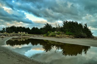 Scenic view of lake against cloudy sky