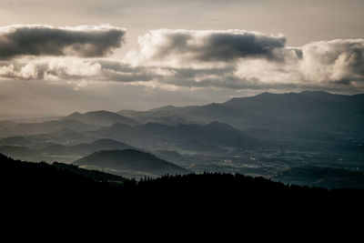 Scenic view of silhouette mountains against sky
