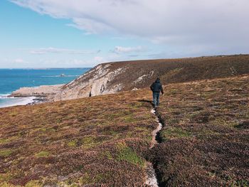 Rear view of man walking by sea against sky