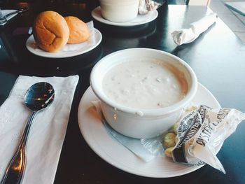 High angle view of breakfast on table