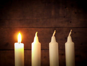 Close-up of candles against wall