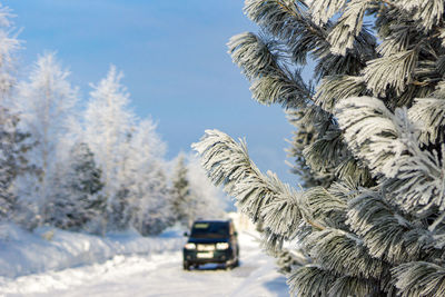 Snow covered car against sky