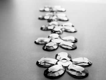 High angle view of gemstones on gray background