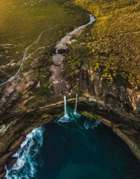 High angle view of waterfall in forest