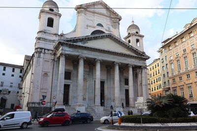 Low angle view of church in city