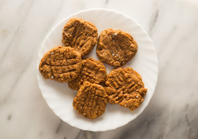 High angle view of cookies in plate