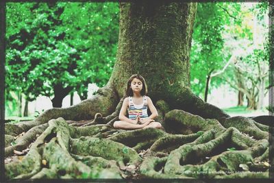 Portrait of woman sitting on tree trunk