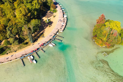 Aerial view of boat moored at harbor