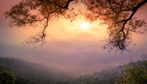 Scenic view of tree mountains against sky during sunset