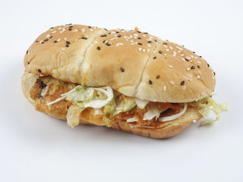 Close-up of burger against white background