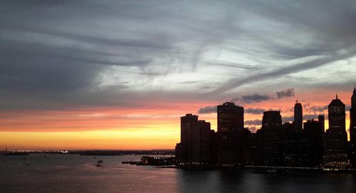 View of cityscape against cloudy sky at sunset