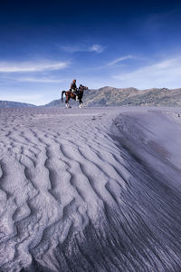 Mid adult man riding horse at desert against sky