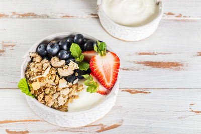 High angle view of breakfast served on table