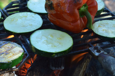 Close-up of food on barbecue grill