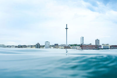 Infinity pool against modern buildings in city