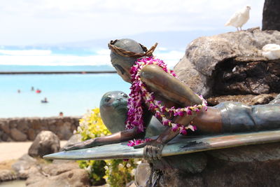 Close-up of bird perching on rock by sea against sky