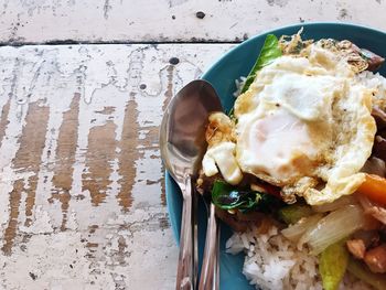 High angle view of breakfast served on table