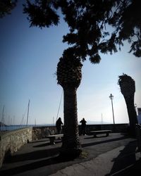 Silhouette people on road by sea against clear sky