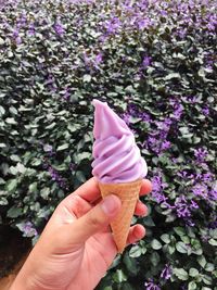 Cropped hand holding ice cream against flowers