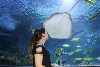 Side view of young woman looking at fish swimming in tank at aquarium