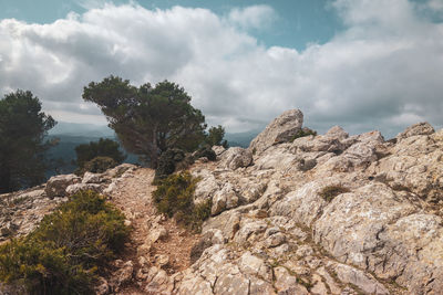 Rock formations on landscape against sky