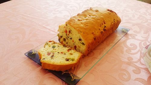 High angle view of bread in plate on table