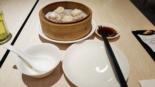 High angle view of food in plate on table