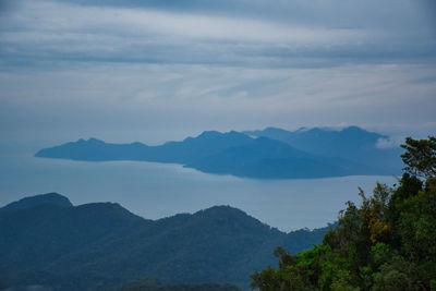 Beautiful stunning scenic panoramic view of langkawi from the top of gunung mat chincang mountain