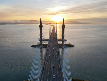 Aerial view architecture mid span penang bridge in sunrise hour