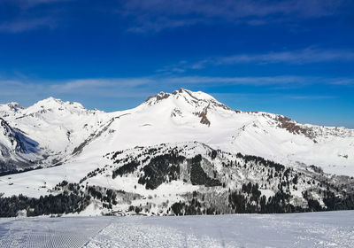 Scenic view of snowcapped mountains against sky