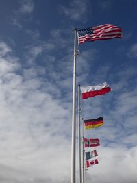 Low angle view of flags waving against sky