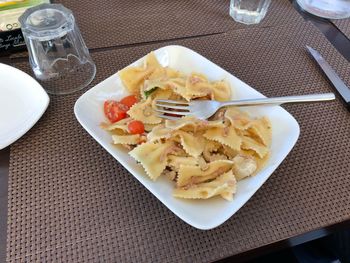 High angle view of breakfast served on table