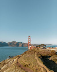 Lighthouse by sea against clear blue sky