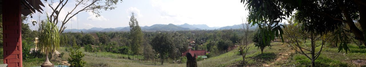 Panoramic view of green landscape and mountains against sky