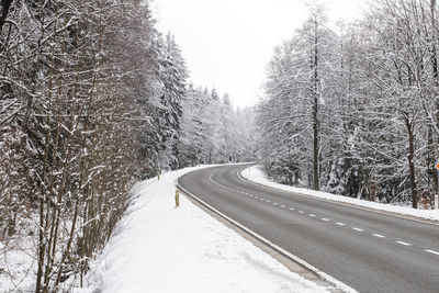 Beautiful view of the road in the winter forest.