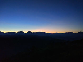 Scenic view of silhouette mountains against clear sky