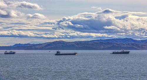 Fishing seiners and cargo ships in avacha bay in kamchatka peninsula