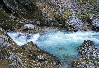 High angle view of waterfall in forest