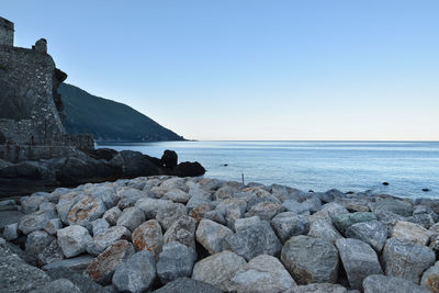Scenic view of rocks on beach against clear sky