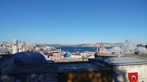 Cityscape against clear blue sky