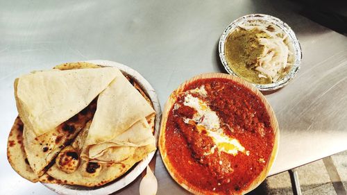 High angle view of food served on table