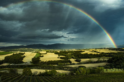 Scenic view of rainbow over field against sky