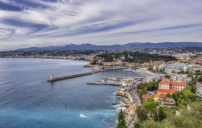 High angle view of nice city by sea