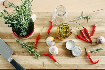 High angle view of various vegetables on table