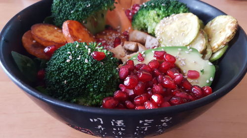 High angle view of chopped fruits in bowl on table