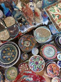 High angle view of multi colored candies for sale at market stall