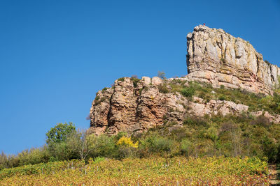 Low angle view of rocky mountain against blue sky